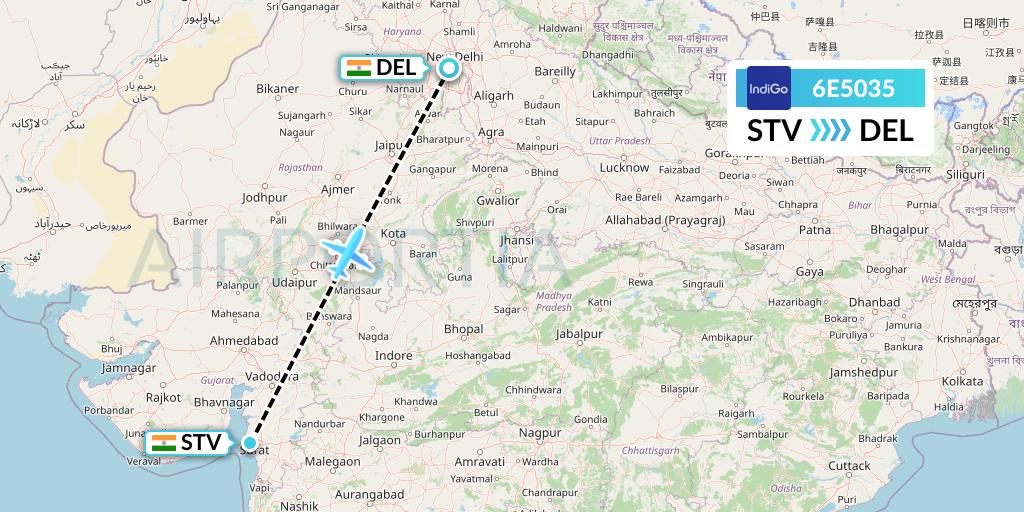 6E5035 IndiGo Airlines Flight Map: Surat to Delhi