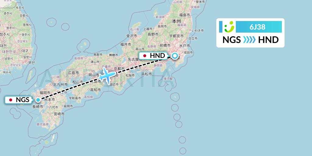 6J38 Solaseed Air Flight Map: Nagasaki to Tokyo