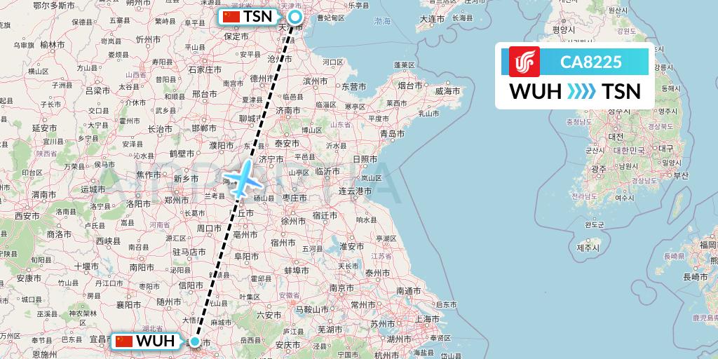 CA8225 Air China Flight Map: Wuhan to Tianjin
