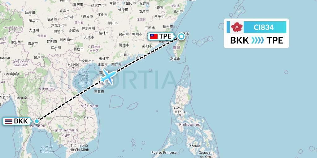 CI834 China Airlines Flight Map: Bangkok to Taipei