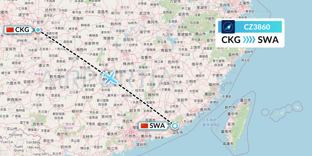 CZ3860 China Southern Airlines Flight Map: Chongqing to Jieyang