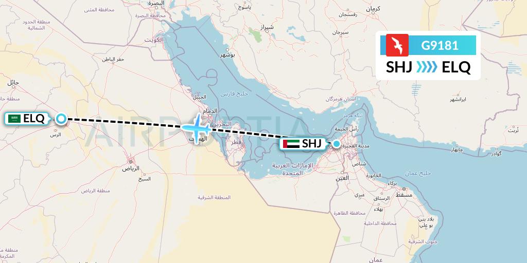 G9181 Air Arabia Flight Map: Sharjah to Al-Qassim