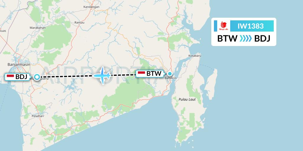 IW1383 Wings Air Flight Map: Batu Licin-Borneo Island to Banjarmasin