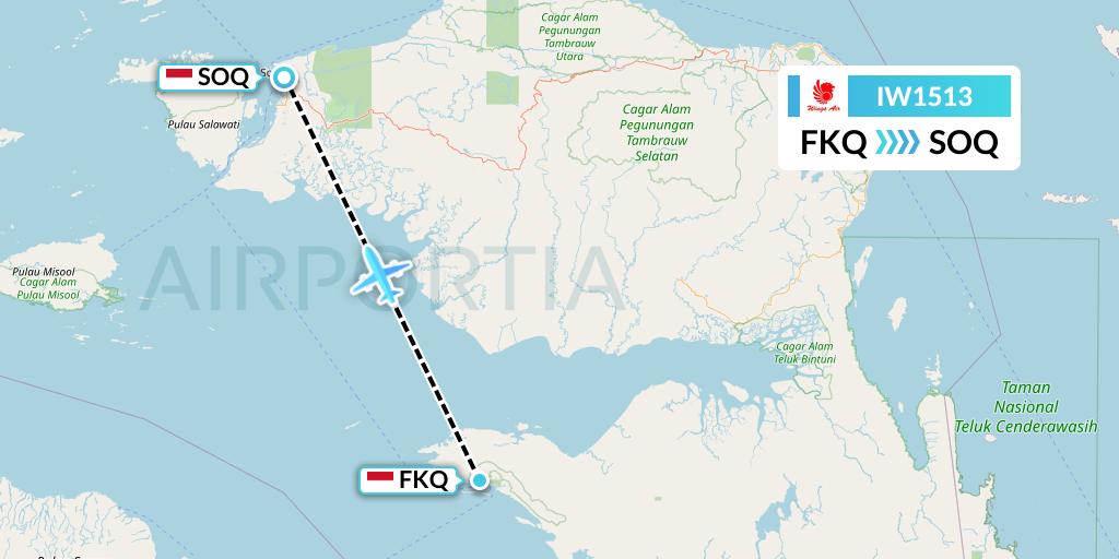 IW1513 Wings Air Flight Map: Fakfak-Papua Island to Sorong