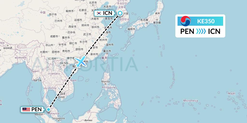 KE350 Korean Air Flight Map: Penang to Seoul