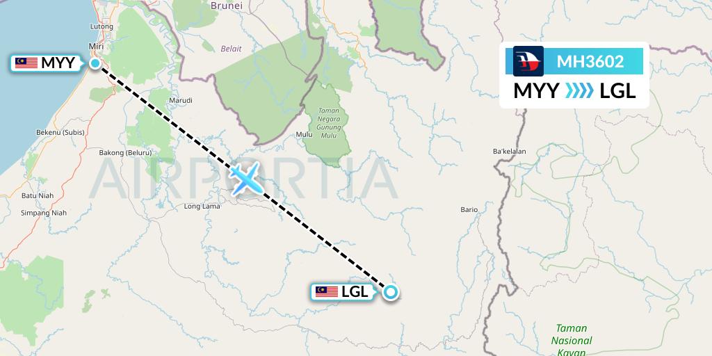 MH3602 Malaysia Airlines Flight Map: Miri to Long Datih