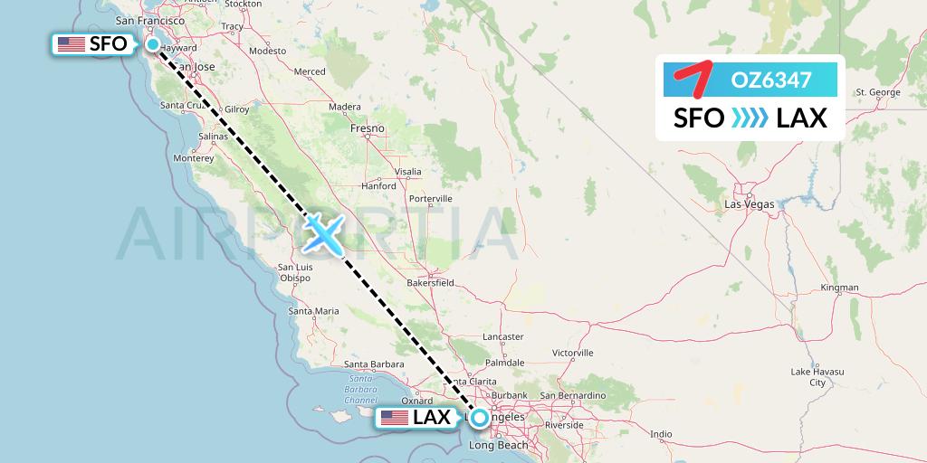 OZ6347 Asiana Airlines Flight Map: San Francisco to Los Angeles