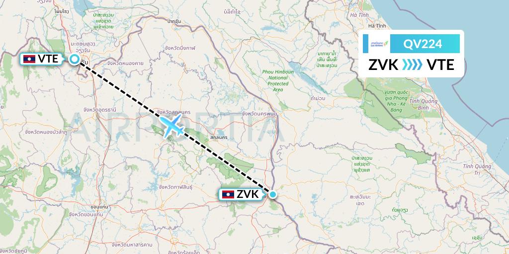 QV224 Lao Airlines Flight Map: Savannakhet to Vientiane