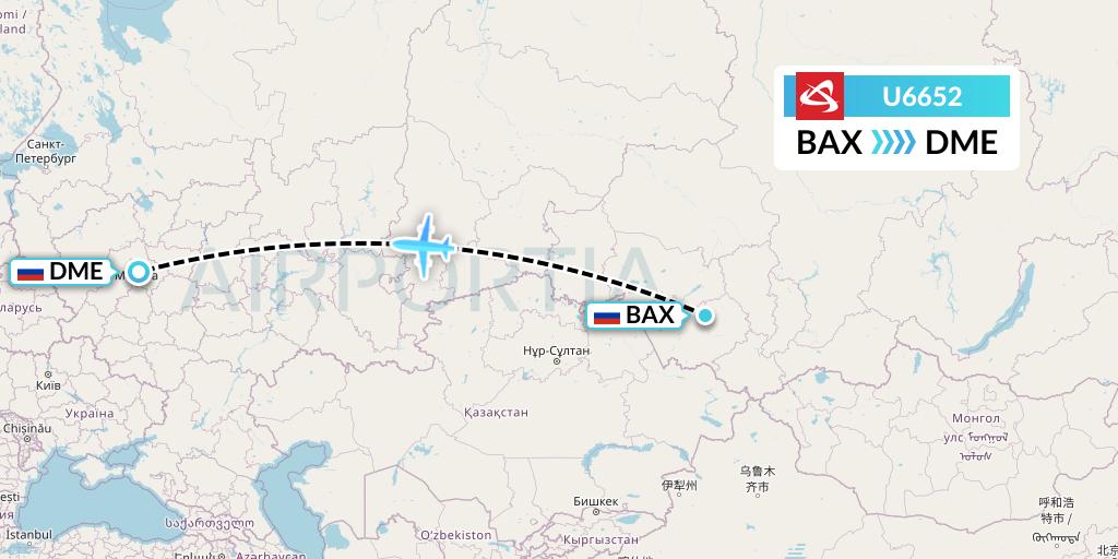 U6652 Ural Airlines Flight Map: Barnaul to Moscow