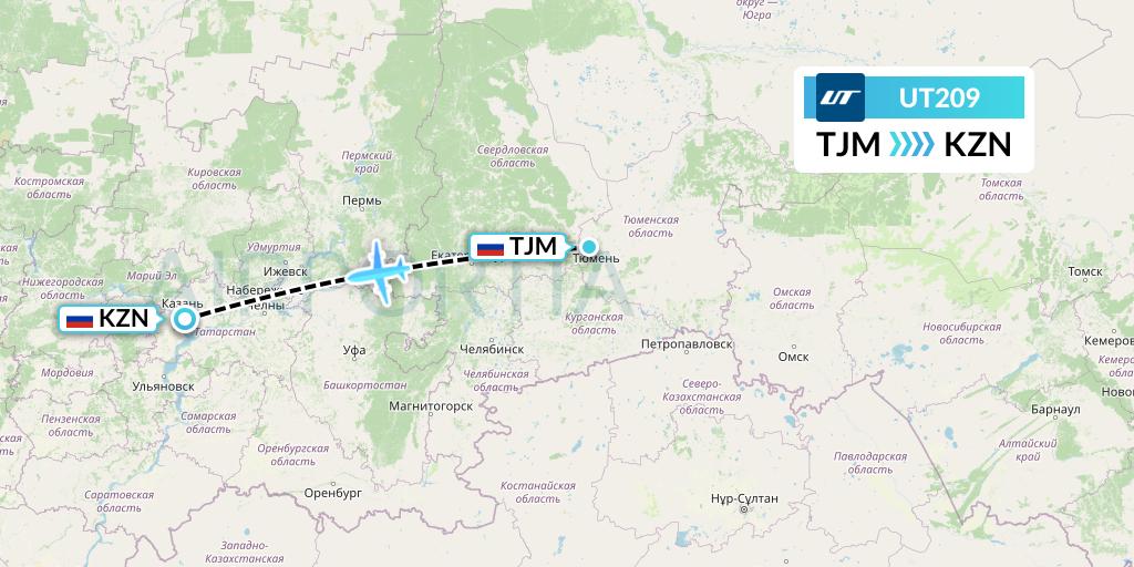 UT209 UTair Flight Map: Tyumen to Kazan