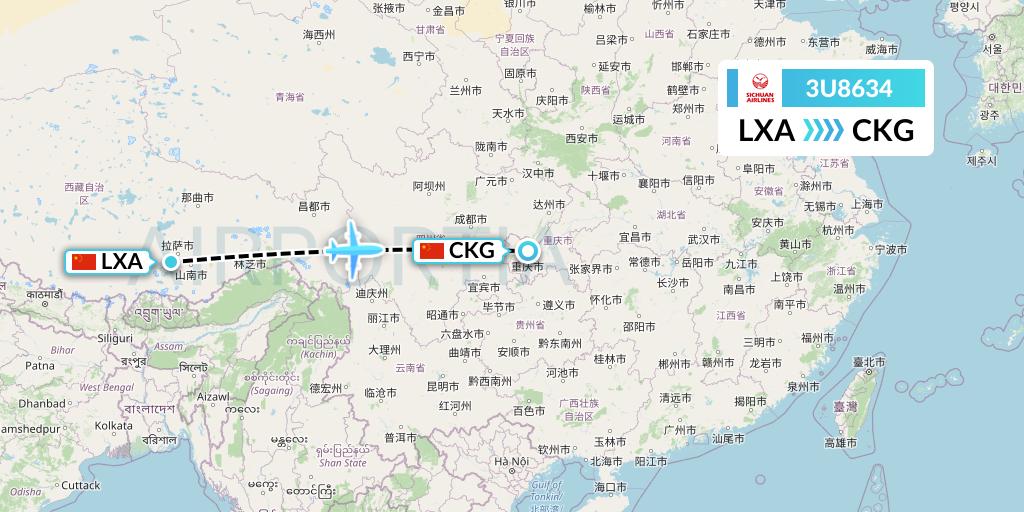 3U8634 Sichuan Airlines Flight Map: Lhasa to Chongqing