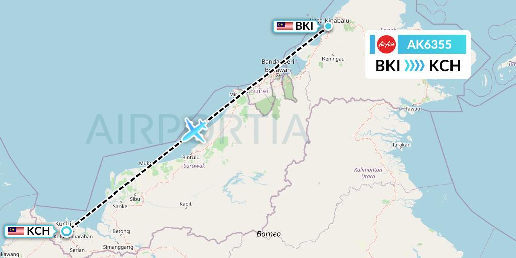AK6355 AirAsia Flight Map: Kota Kinabalu to Kuching