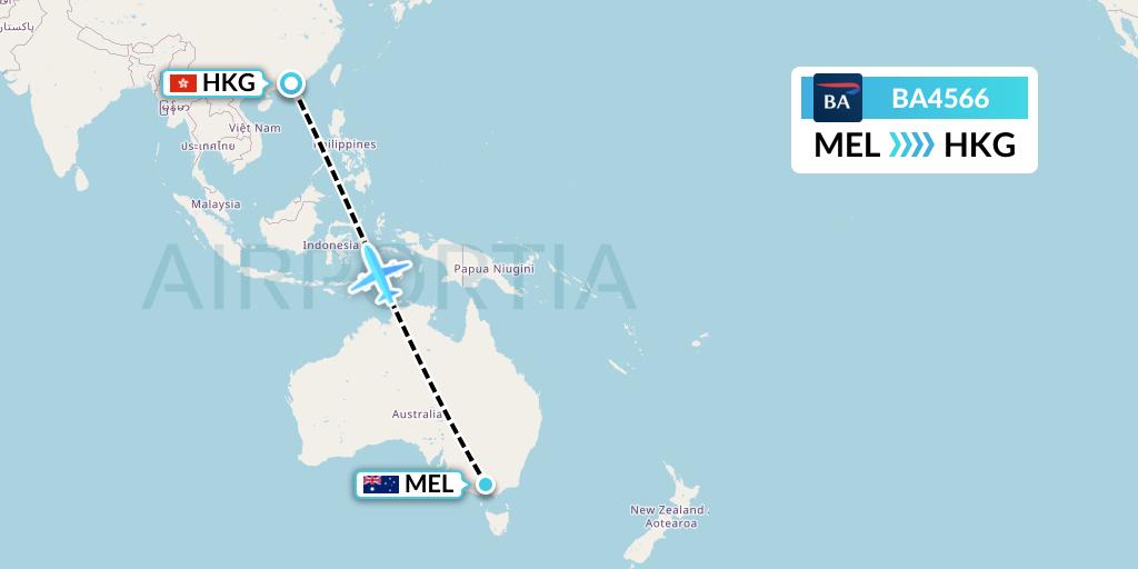 BA4566 British Airways Flight Map: Melbourne to Hong Kong
