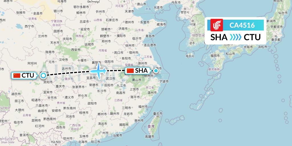 CA4516 Air China Flight Map: Shanghai to Chengdu