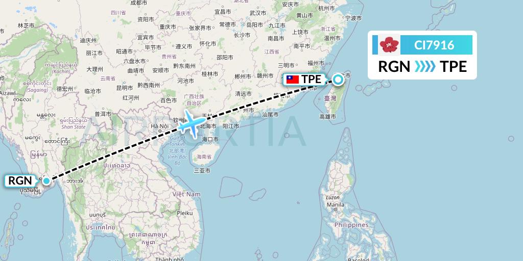CI7916 China Airlines Flight Map: Yangon to Taipei