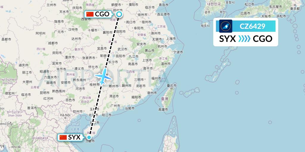 CZ6429 China Southern Airlines Flight Map: Sanya to Zhengzhou