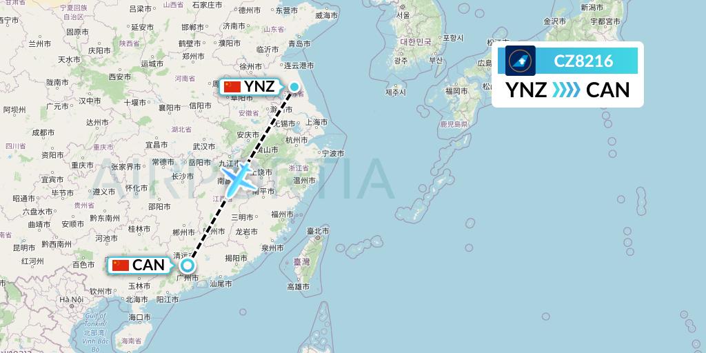 CZ8216 China Southern Airlines Flight Map: Yancheng to Guangzhou