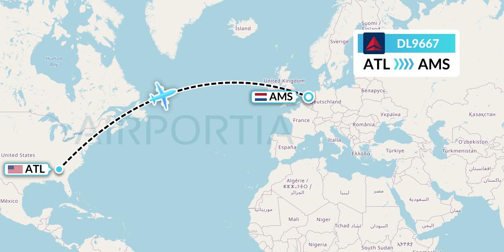 DL9667 Delta Air Lines Flight Map: Atlanta to Amsterdam