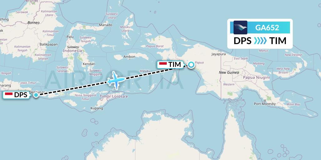 GA652 Garuda Indonesia Flight Map: Denpasar to Timika