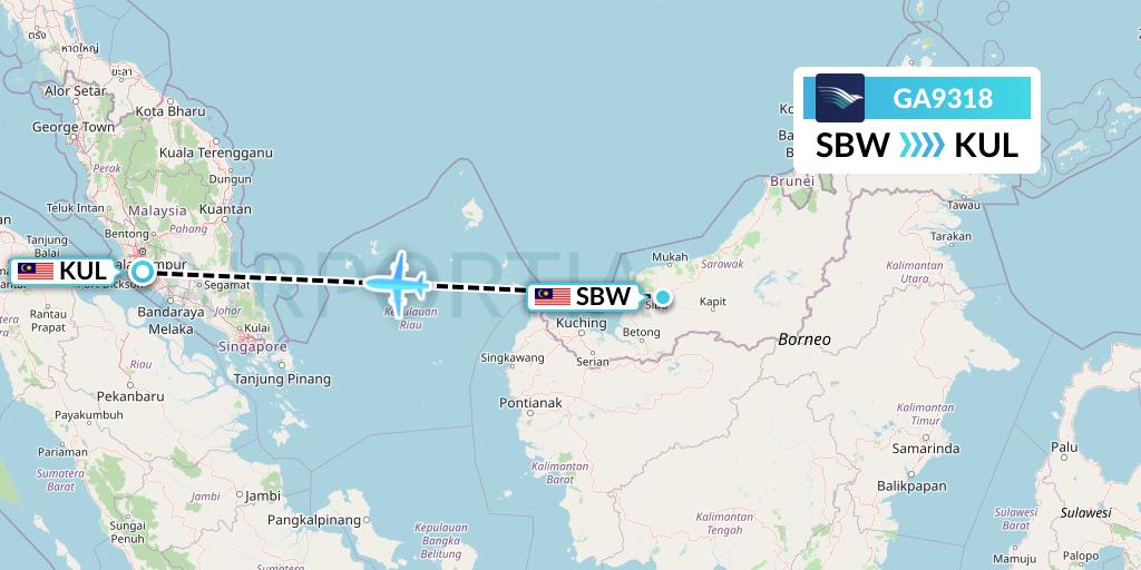 GA9318 Garuda Indonesia Flight Map: Sibu to Kuala Lumpur
