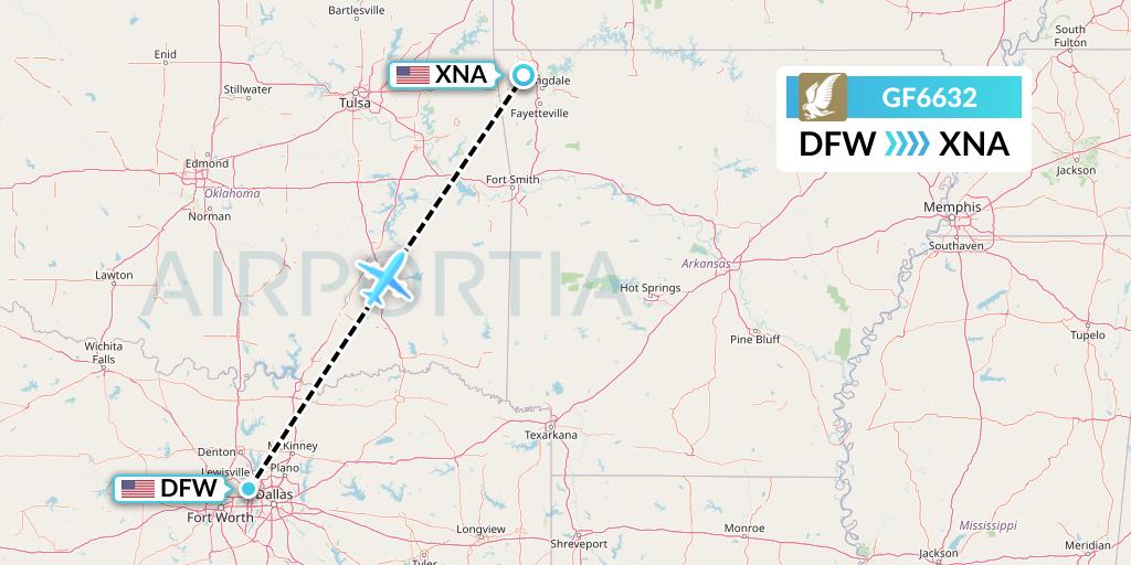 GF6632 Gulf Air Flight Map: Dallas to Bentonville