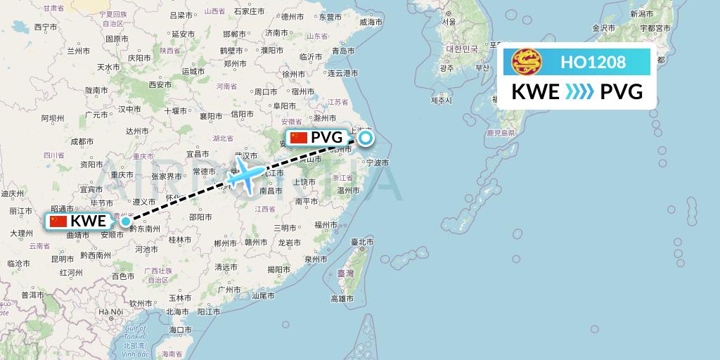 HO1208 Juneyao Airlines Flight Map: Guiyang to Shanghai