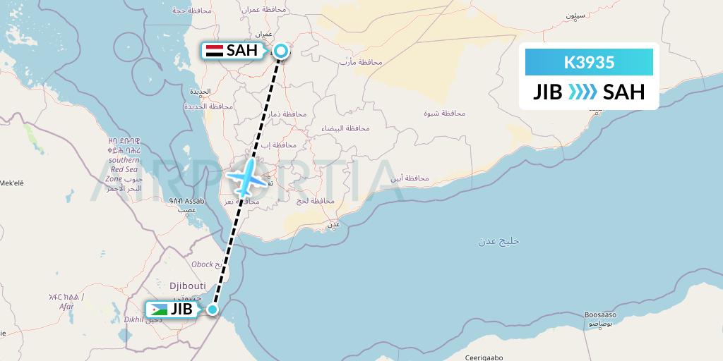 K3935 Taquan Air Flight Map: Djibouti to Sana'a
