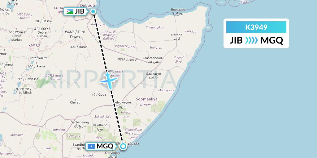 K3949 Taquan Air Flight Map: Djibouti to Mogadishu