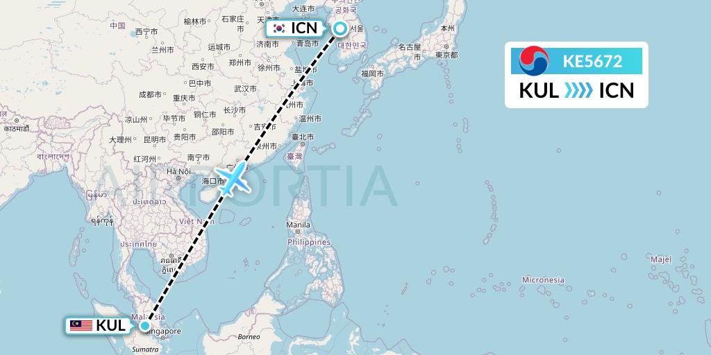 KE5672 Korean Air Flight Map: Kuala Lumpur to Seoul