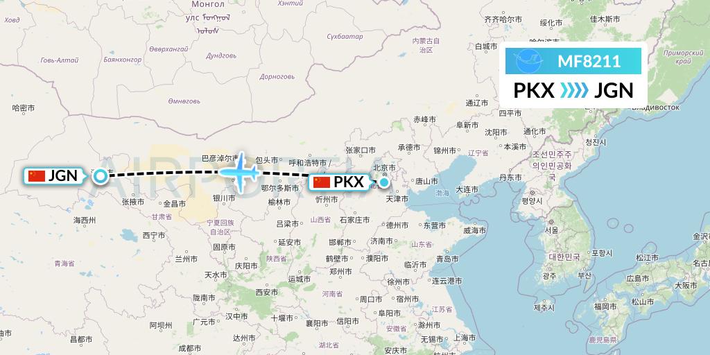 MF8211 Xiamen Airlines Flight Map: Beijing to Jiayuguan