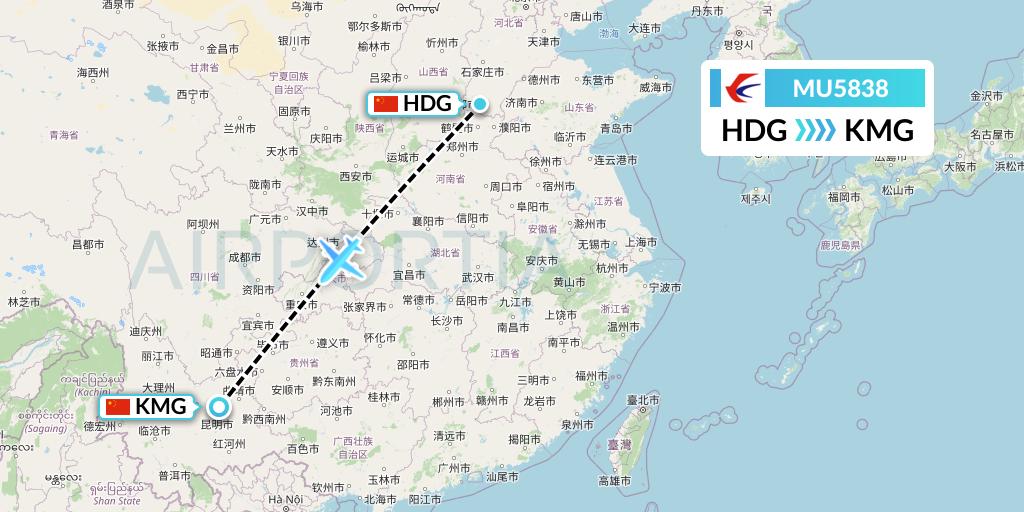 MU5838 China Eastern Airlines Flight Map: Handan to Kunming
