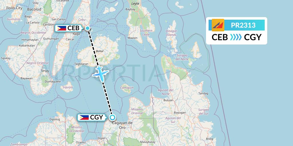 PR2313 Philippine Airlines Flight Map: Cebu to Cagayan de Oro