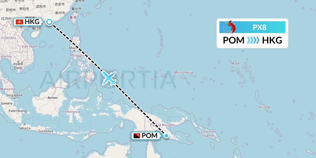 PX8 Air Niugini Flight Map: Port Moresby to Hong Kong