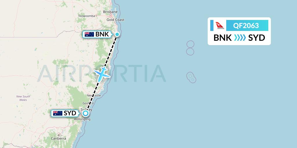 QF2063 Qantas Flight Map: Ballina to Sydney