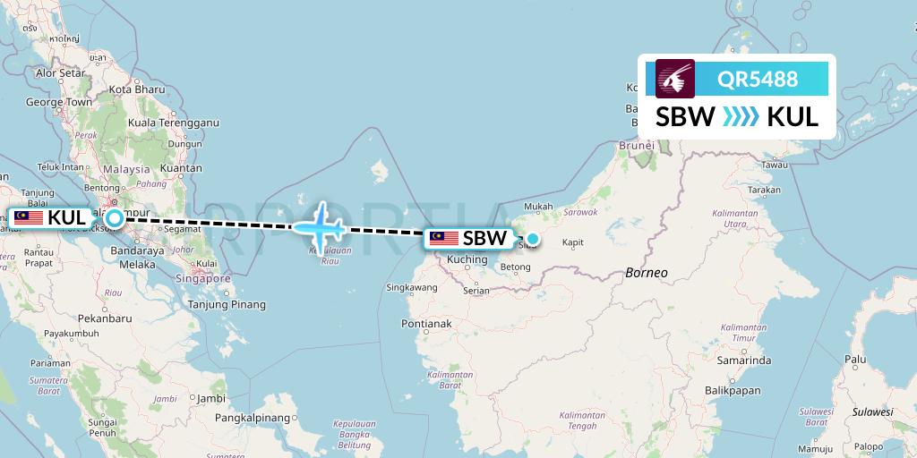 QR5488 Qatar Airways Flight Map: Sibu to Kuala Lumpur