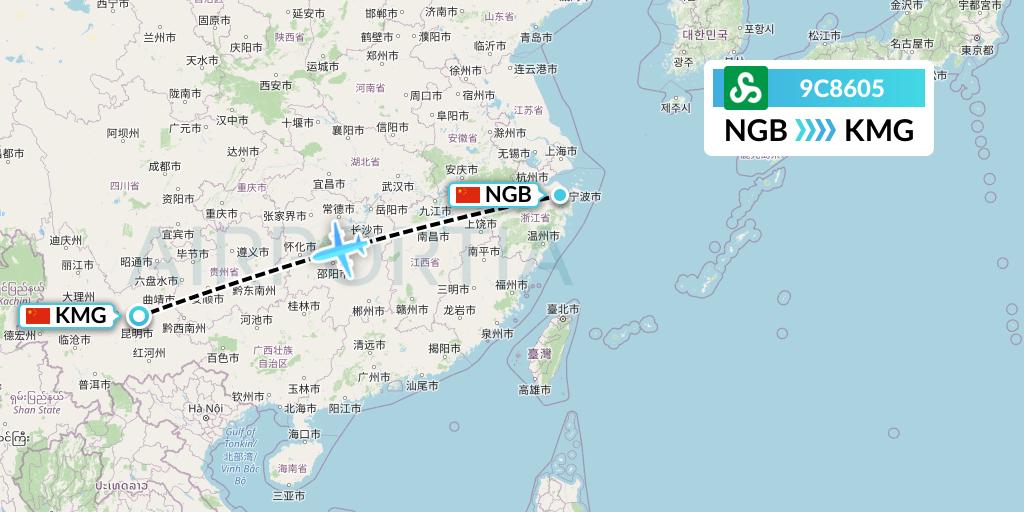 9C8605 Spring Airlines Flight Map: Ningbo to Kunming