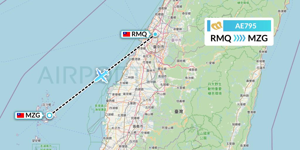 AE795 Mandarin Airlines Flight Map: Taichung to Makung