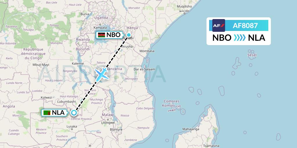 AF8087 Air France Flight Map: Nairobi to Ndola