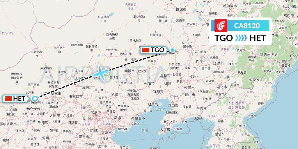 CA8120 Air China Flight Map: Tongliao to Hohhot