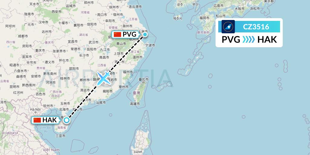 CZ3516 China Southern Airlines Flight Map: Shanghai to Haikou