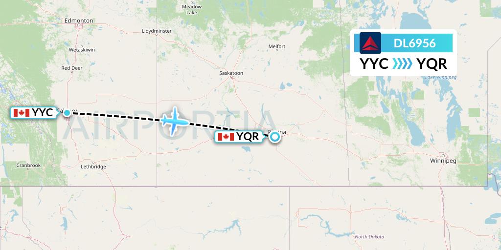 DL6956 Delta Air Lines Flight Map: Calgary to Regina