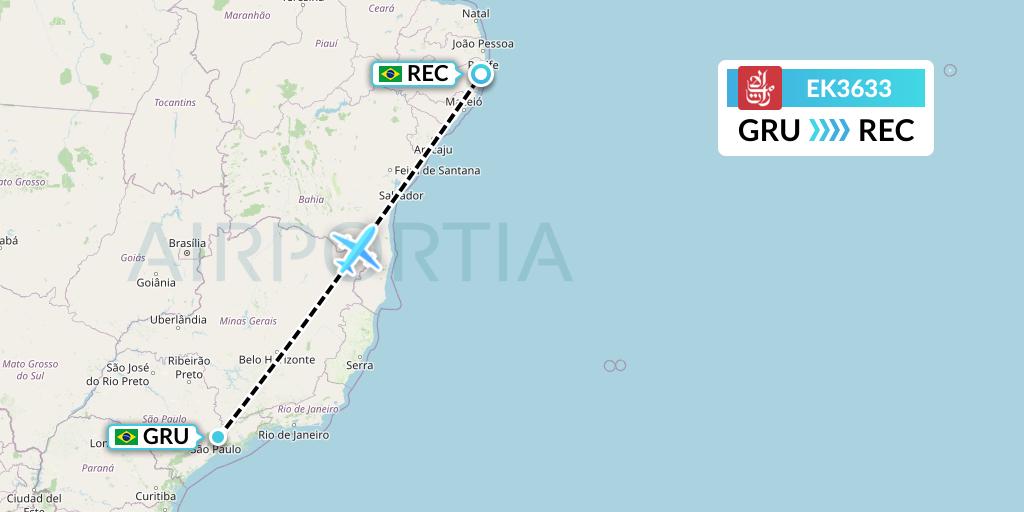 EK3633 Emirates Flight Map: Sao Paulo to Recife