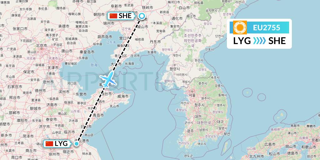 EU2755 Chengdu Airlines Flight Map: Lianyungang to Shenyang