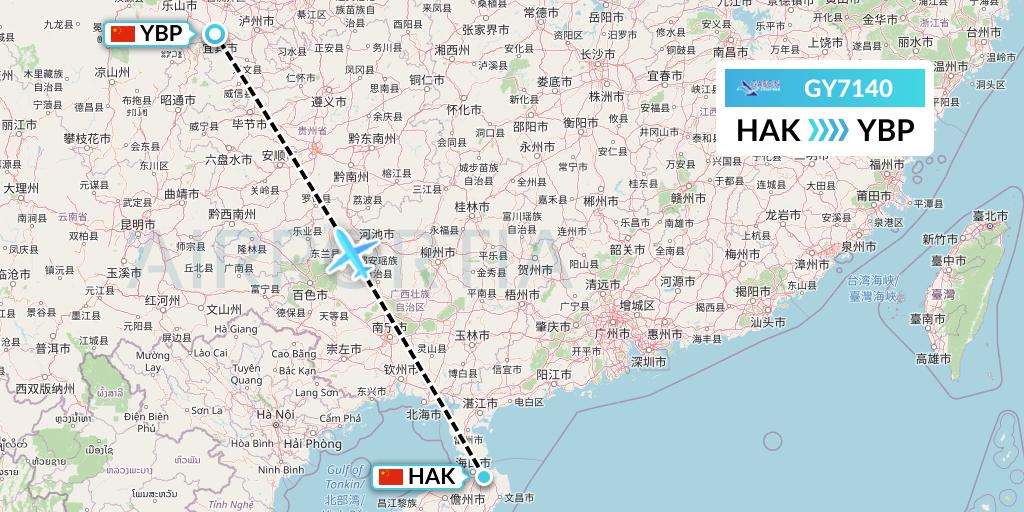 GY7140 Colorful GuiZhou Airlines Flight Map: Haikou to Yibin