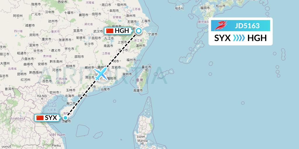 JD5163 Capital Airlines Flight Map: Sanya to Hangzhou