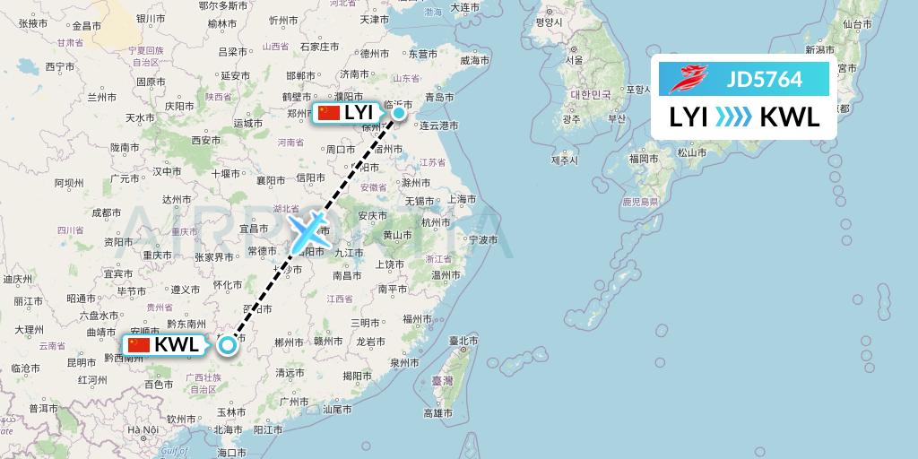 JD5764 Capital Airlines Flight Map: Linyi to Guilin