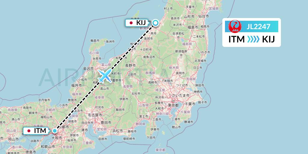 JL2247 Japan Airlines Flight Map: Osaka to Niigata