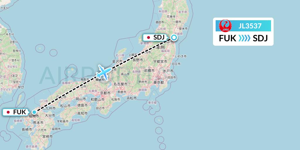 JL3537 Japan Airlines Flight Map: Fukuoka to Sendai