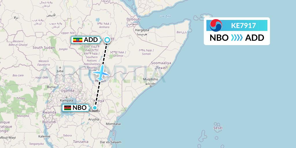KE7917 Korean Air Flight Map: Nairobi to Addis Ababa