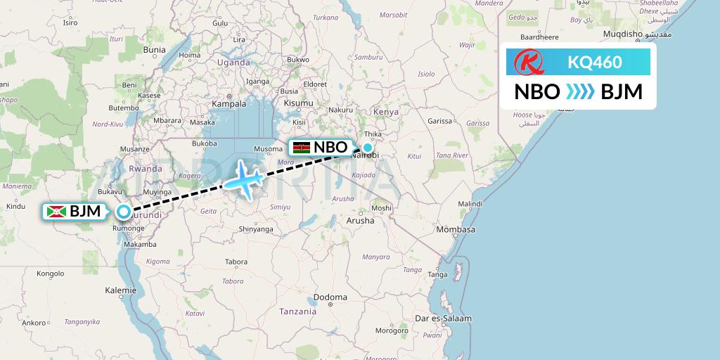 KQ460 Kenya Airways Flight Map: Nairobi to Bujumbura